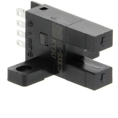 Omron fotomikrosensor EE-SX672, T-formet slottype med NPN-udgang og stik, viser mærkning og komponenter tydeligt.