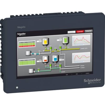 Schneider Electric Magelis GTU avanceret 7" widescreen touchpanel med WVGA-display, der viser et industrielt kontrolskema med grafer og data.