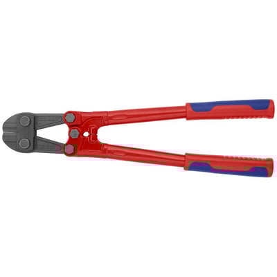 Knipex 460 mm boltsaks med røde håndtag og blå endestykker, vist forfra mod hvid baggrund.