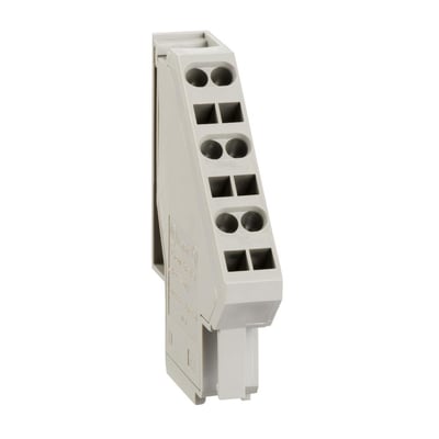 Grå styreklemme 3-led NT/NW fra Schneider Electric, vist fra siden med en hvid baggrund og tydelige tilslutningshuller.