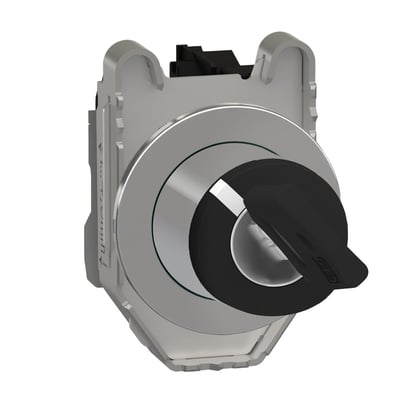 Schneider Electric Harmony XB4 nøglegreb, komplet metalenhed med 2 positioner og Ronis 455 nøgle. Hovedet er sort med en kromring og nøglehulsdetalje.