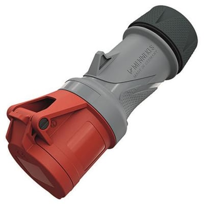 Mennekes PowerTOP Xtra R CEE-stik på skrå med rød og grå krop, 32 A, 4-polet, 440 V og IP54.