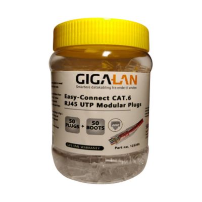 GIGA-LAN RJ45 UTP Modular Plugs Kat.6, Easy-Connect, 50 stk i klar beholder med gul låg på hvid baggrund.