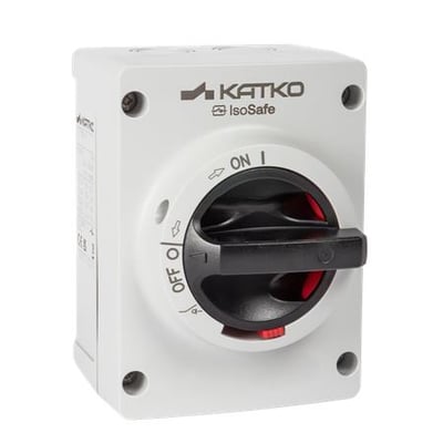 Katko ISF 416UL M2-afbryder i hvid polycarbonatkapsling med sort drejegreb og markeringerne ON og OFF.