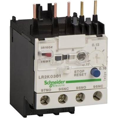Detaljeret billede af Schneider Electric termorelæ LR2K0314, der fremhæver justeringshjul, reset-knap og terminaler.