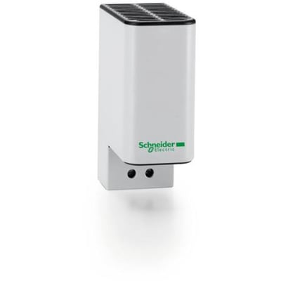 Schneider Electric Climasys PTC varmeelement på 10W og 12-24VDC, monteret på en vægplade med to monteringshuller.