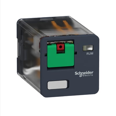 Schneider Electric RUMC stikbensrelæ med 2CO kontakter, 10A og 230VAC spænding, vist med grøn testknap og rød lås.