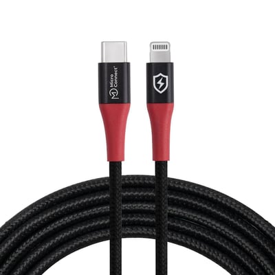 MicroConnect Safe Charge USB-C til Lightning data blocker-kabel på 1,5 meter med sort flettet ledning og røde stikender.