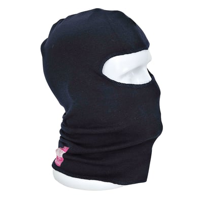 Mørkeblå Antiflam FR18 balaclava med flammehæmmende materiale monteret på hvid mannequin, viser ansigtsåbning og krage.