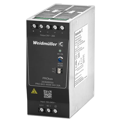 Weidmüller PRO BAS 480W 24V 20A strømforsyning, set fra siden, med tydelig mærkning af specifikationer og IP67-klasse på et hvidt baggrund.
