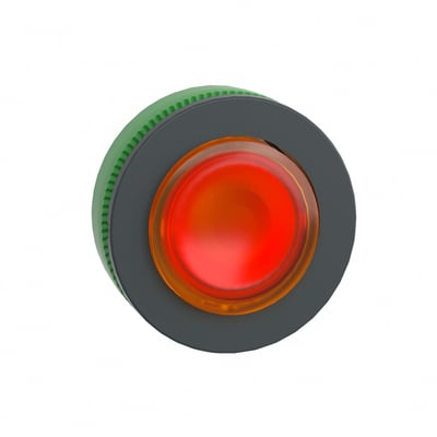 Nærbillede af Schneider Electric flush trykknap med orange lys, der lyser op i et mørkt gråt hus med en grøn ring.