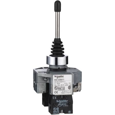 Schneider Electric joystik XD2GA8211 med 2 stillinger, vist med monteringsblokke og kabeltilslutninger.