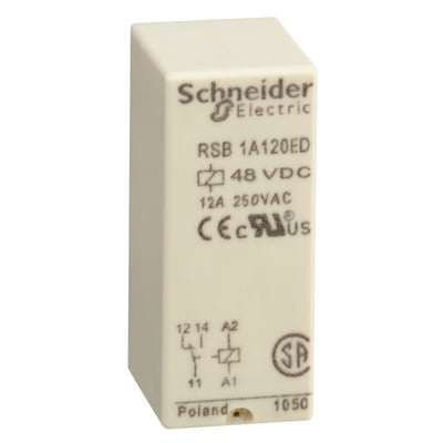 Schneider Electric stikbensrelæ RSB 1A120ED til 48VDC, 12A 250VAC med CE og cULus mærkninger og kredsløbsdiagram.