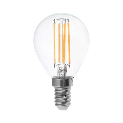 V-TAC E14 LED-kronepære P45 på 6 W med klart glas, synlige filamenter og sølvfarvet skruefatning.