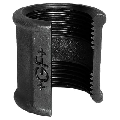 Sort Georg Fischer muffe med 1/4" gevind, vist i tværsnit der fremhæver de indvendige gevind og den sorte finish.