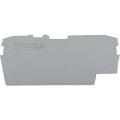 Wago ende- og mellemplade i grå med 1 mm tykkelse, vist isoleret på hvid baggrund med Wago logo tydeligt trykt.