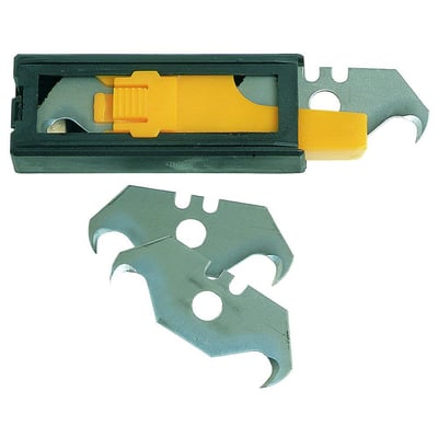 Ironside knivblade med krog på 50 mm ses løse og i en gul og sort dispenser.