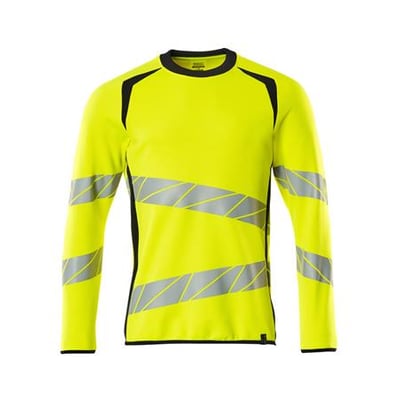 Mascot Hi-Vis sweatshirt i gul og mørk marine med skrå, tværgående reflekser på ærmer og krop for øget synlighed.
