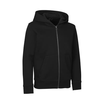 ID Identity sort børne hætte sweatshirt cardigan i størrelse 4/6 år, vist forfra med YKK lynlås og kængurulomme.