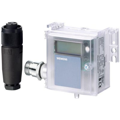 Siemens QBM4100-1D differenstryksføler med display og tilhørende sort stikforbindelse, klar til montering i luftkanaler.