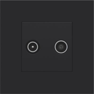 Niko afdækning til TV/FM udtag i sort med tydelige TV og FM mærker, viser de to runde stik på en mat sort overflade.