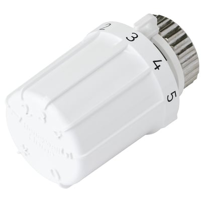 Honeywell Home termostat med hvidt plasthus og justeringsskala fra 0 til 5. Termostaten har M30 gevind til montering.