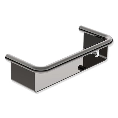 HEWI kurv i Serie 480 med åben, rektangulær form og blank sortkromfinish, set skråt forfra.