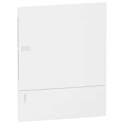 Hvid Schneider Electric Mini Pragma-frontafdækning til 2 rækker med 12 moduler, set skråt forfra med ventilationsslidser.
