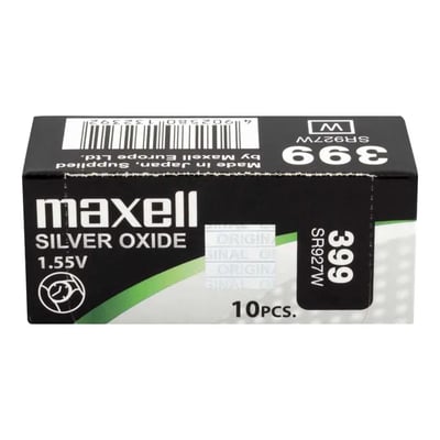 Emballage til maxell silver-oxid-batteri SR927W (399), 1,55 V, set forfra med sort og grøn grafik.