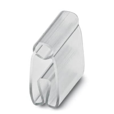 Nærbillede af Phoenix Contact PATG 4/15 skilteholder, viser den transparente monteringsklemme til 6-10 mm kabler.