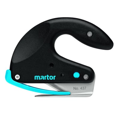 Martor Secumax Opticut 437 sikkerhedskniv med sort greb og blå gummi-kant samt sølvfarvet base, med martor logo.