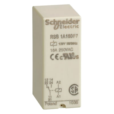 Schneider Electric stikbensrelæ RSB 1A160F7 med 1 C/O-kontakt, 16A 250VAC og 120V spolespænding, fremstillet i Polen.
