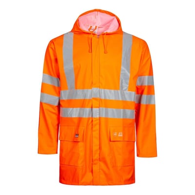 Lyngsøe Rainwear regnjakke LR55 PU i Hi-vis orange, størrelse 4XL, med synlige reflekser og hætte.