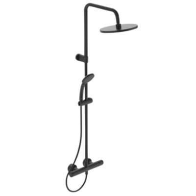 Detaljeret visning af Ideal Standard Idealrain T25 Flex brusesystem i mat sort med termostatbatteri og fleksibel installation.