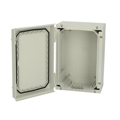 Åben Fibox NEO PC 322215 G-kasse med gråt dæksel, synlig tætningsliste og indvendige montagepunkter, 320 × 220 × 150 mm.