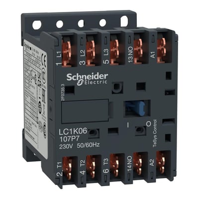 Schneider Electric kontaktor LC1K06 107P7 til 230V 50/60Hz, 3-polet med 1 NO kontakt, set skråt forfra med tydelige mærkater.