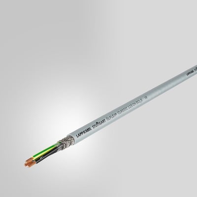 Lapp Olflex Classic 115 CH kabel med 4 ledere og 0,5 mm² tværsnit, vist med afisoleret ende, der afslører kobberledere og flettet skærm.