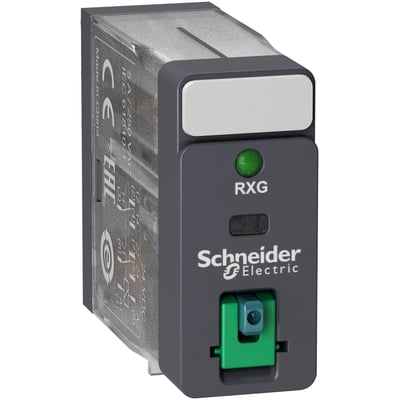 Schneider Electric RXG stikbensrelæ med 2 C/O kontakter, 5A, 110V DC, testknap og grøn LED-indikator.