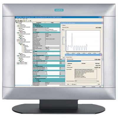 Siemens SIMATIC PDM software med floating licens vist på en computerskærm, der viser grafiske data og parametre.