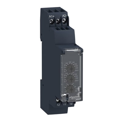 Schneider Electric Zelio RM17 kontrolrelæ til måling af underspænding og overspænding med 1 C/O udgang, vist på hvid baggrund.