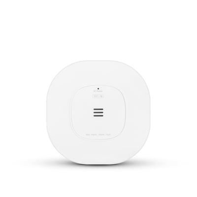 Hvid Housegard Luma 230 V-røgalarm med afrundet firkantet form, testknap og lydåbninger på fronten.