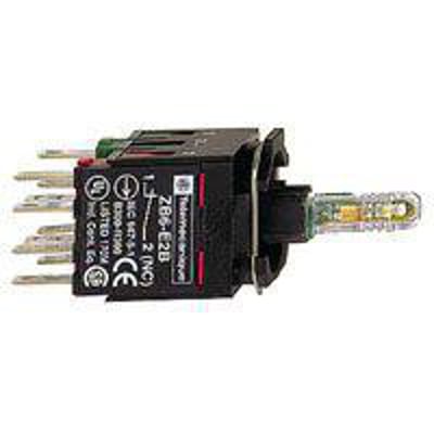 Schneider Electric lampetrykskrop ZB6ZB35B med 1 slutte og 1 bryde kontaktfunktion, 12-24V, vist på hvid baggrund med synlige terminaler og betjeningsknap.