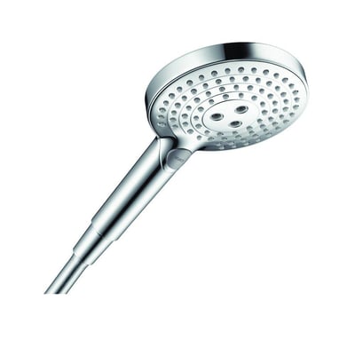 Hansgrohe Raindance Select S 120 håndbruser med Select-knap og kromfinish, præsenteret på hvid baggrund.