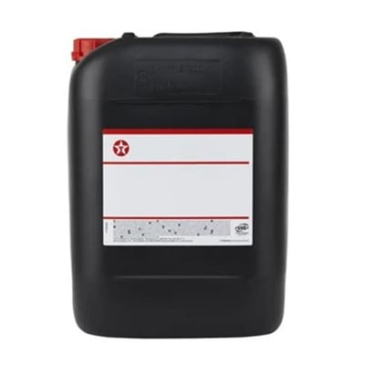 Sort dunk med rød prop og hvid etiket med Texaco-logo, der indeholder Texaco Meropa EliteSyn XM 460 syntetisk gearolie, 20 l.