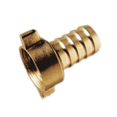 Nærbillede af KK Sourcing 1" slangeforskruning i messing, med vinklet studs og omløber.