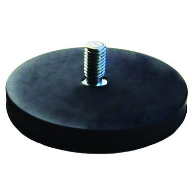 Eclipse gummibelagt neodymium pottemagnet med M6 x 15 mm udvendigt gevind og 43 mm diameter på hvid baggrund.