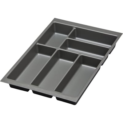 Mørkegrå bestikindsats i plast med seks rum, måler 472x319mm og passer til 40 cm skuffebredde.