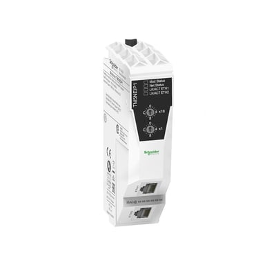Schneider Electric Modicon TM5 udvidelsesmodul med Ethernet fieldbus, hvidt med sorte og grønne detaljer, viser RJ45-porte og statusindikatorer.