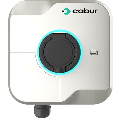 Cabur ladeboks til elbiler, 22kW med type 2 stik i hvidt og gråt design med blå lysring. En robust ladeboks til effektiv opladning.