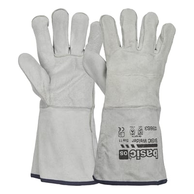 Basic Welder svejsehandsker i str. 10, fremstillet af kraftig oksespalt med lang krave og tydeligt logo på den ene handske.